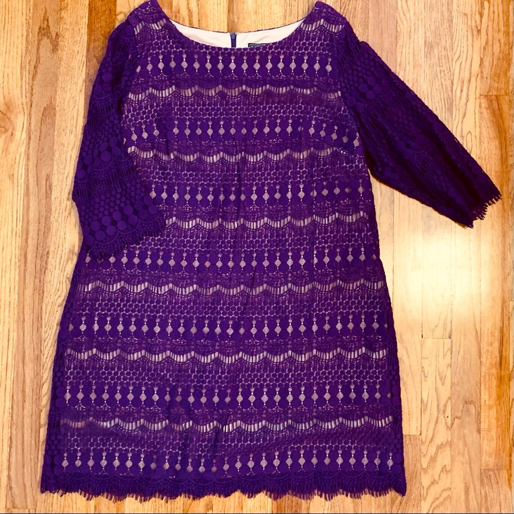 Purple Lace Knee-length Dress with nude liner